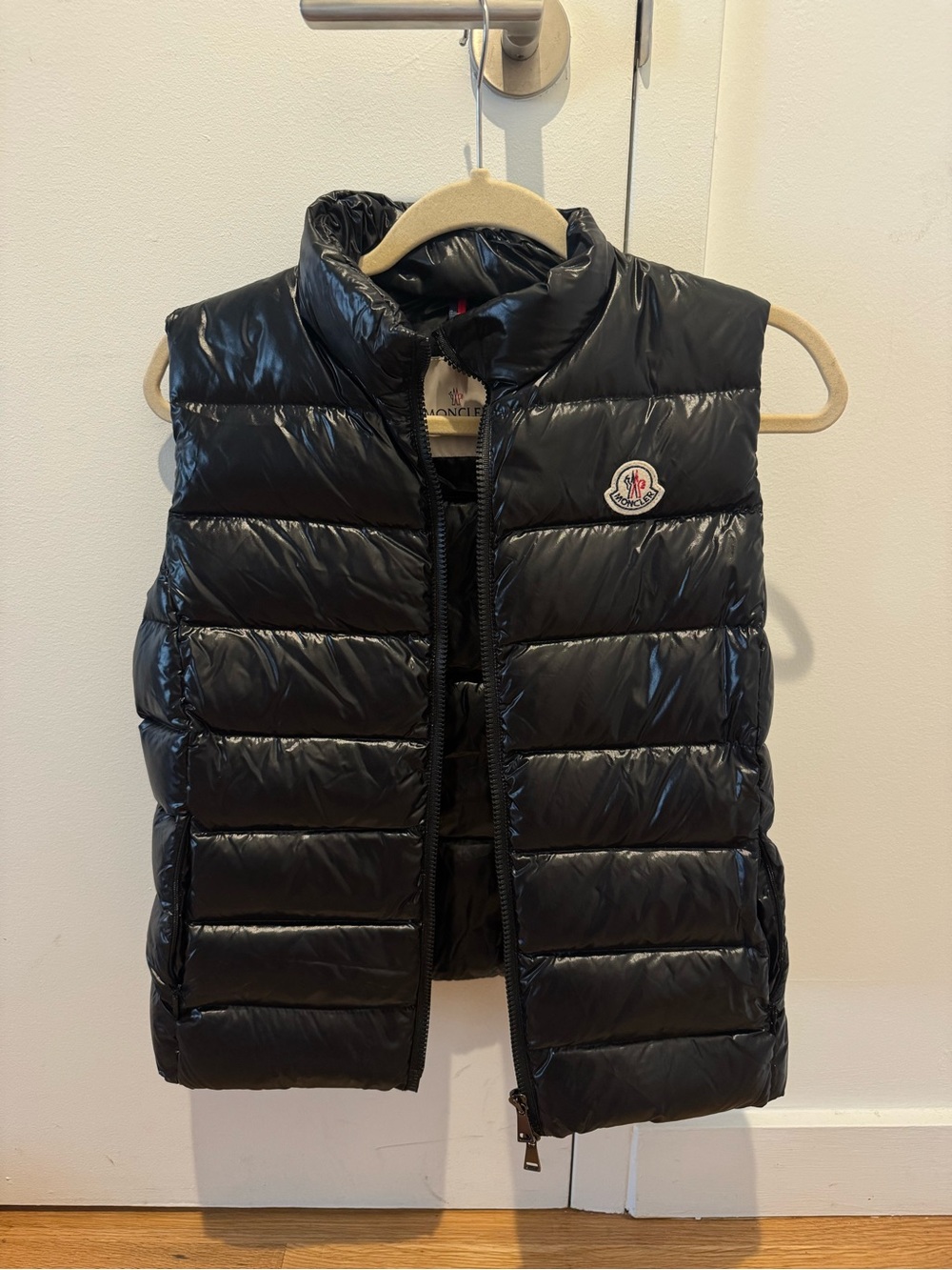Moncler Black Shiny Quilted Puffer Vest with Logo Patch